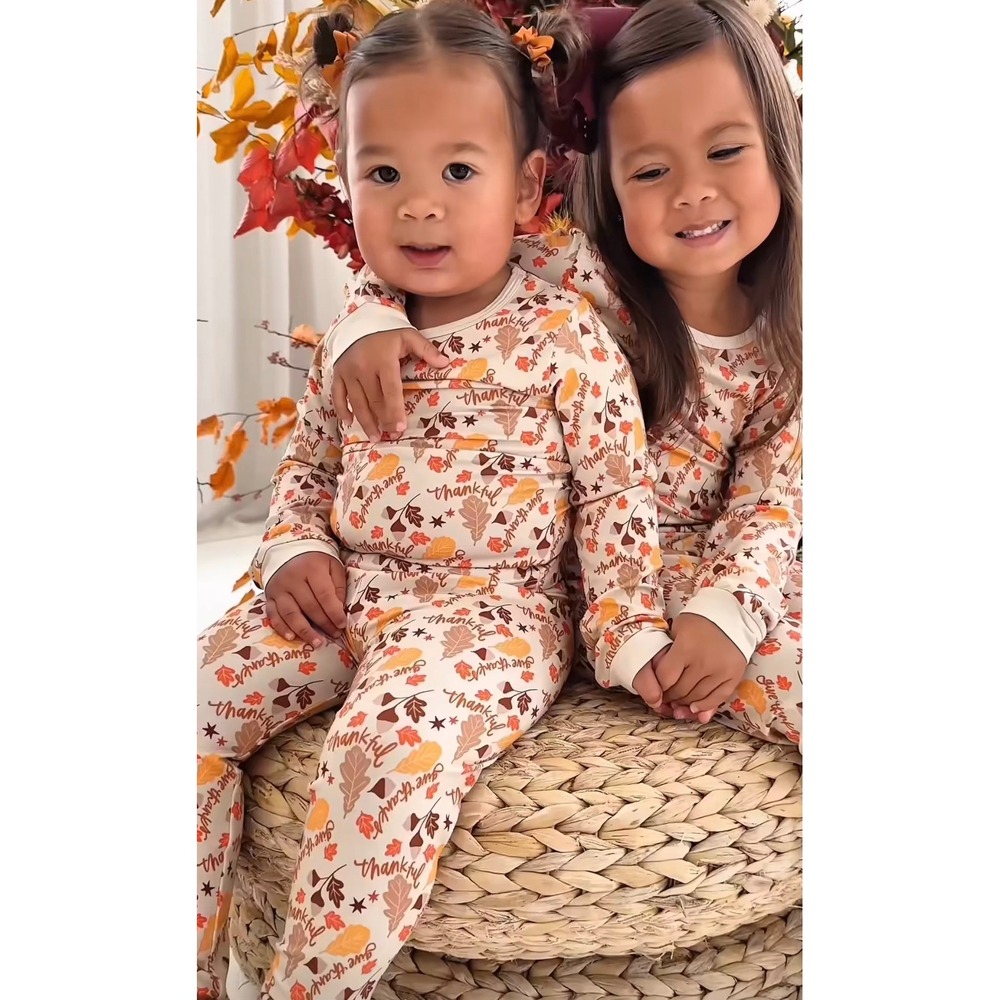 Ollies Day Kids Thanksgiving Fall Leaves Thankful Bamboo Pajama Set Size 6T